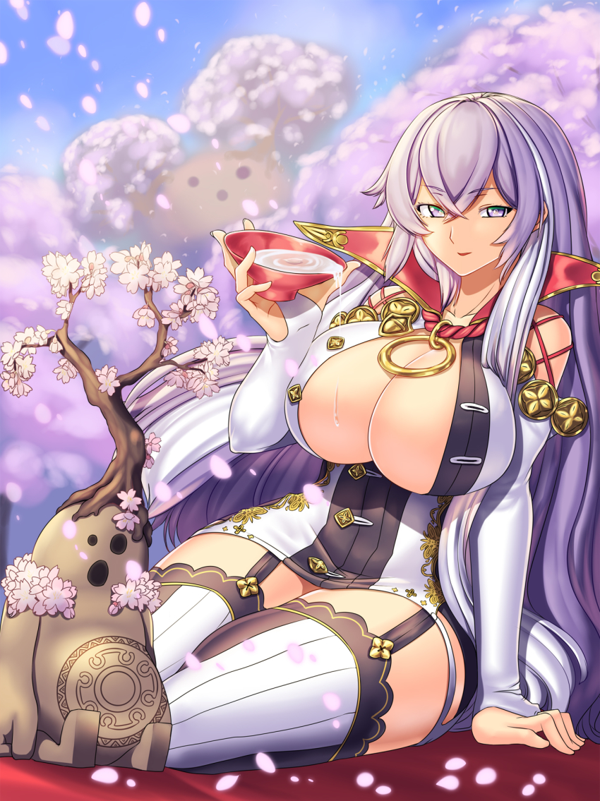 1girl, breasts, bridal_gauntlets, cherry_blossoms, commentary_request, cup, elbow_gloves, female_focus