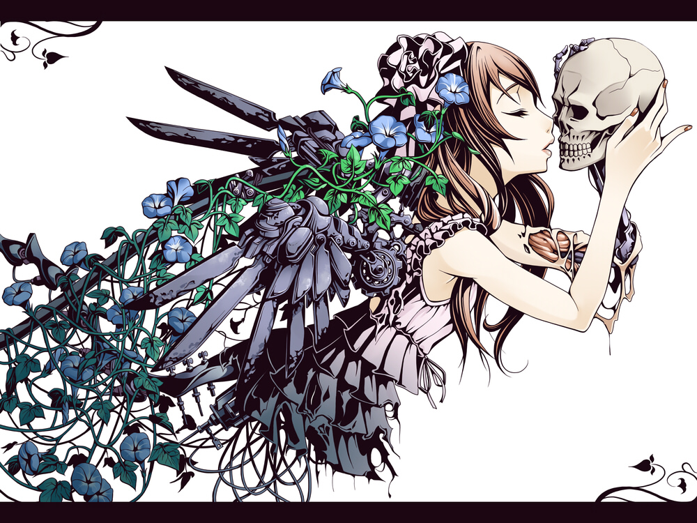 brown_hair, cable, closed_eyes, cyborg, dress, flower, kiss, kissing_skull