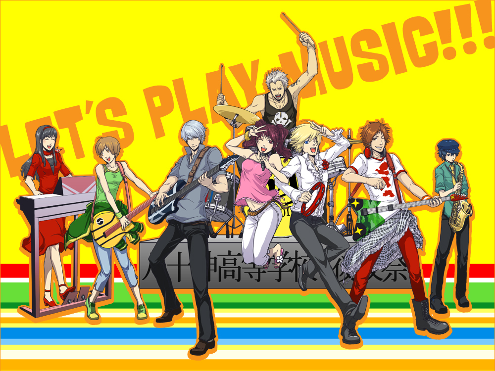 4boys, 4girls, amagi_yukiko, androgynous, atlus, band_(music), black_hair, blue_hair