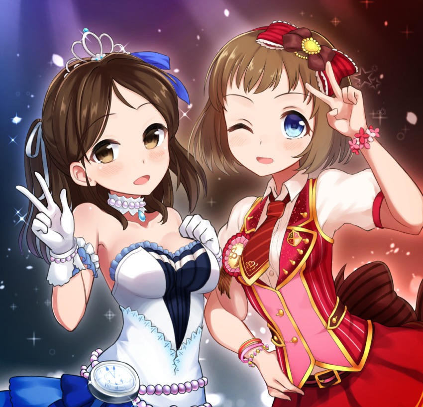 2girls, ayase_honoka, bare_shoulders, blue_eyes, blush, bow, breasts, brown_eyes