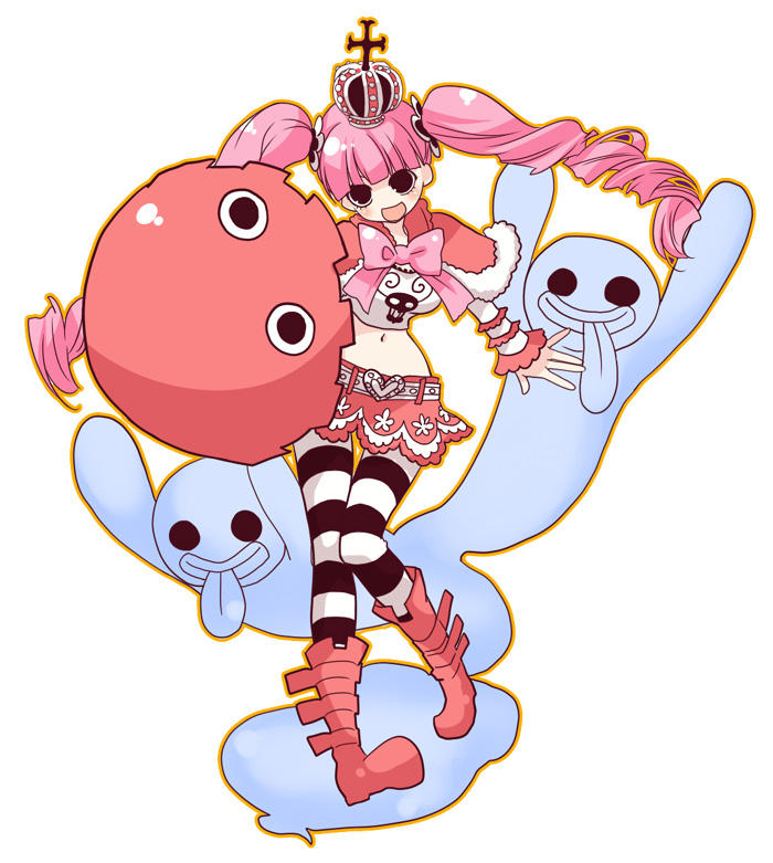 1girl, :p, bad_id, bad_pixiv_id, black_&amp;_white, black_eyes, boots, bow, capelet, cross, crown, drill_hair, female_focus, full_body, ghost, koharu_(mh), midriff, one_piece, pantyhose, patterned_legwear, perona, pink_hair, red_crown, red_footwear, shoes, skirt, smile, solo, striped_clothes, striped_pantyhose, thighhighs, tongue, tongue_out, twintails, two-tone_stripes, umbrella