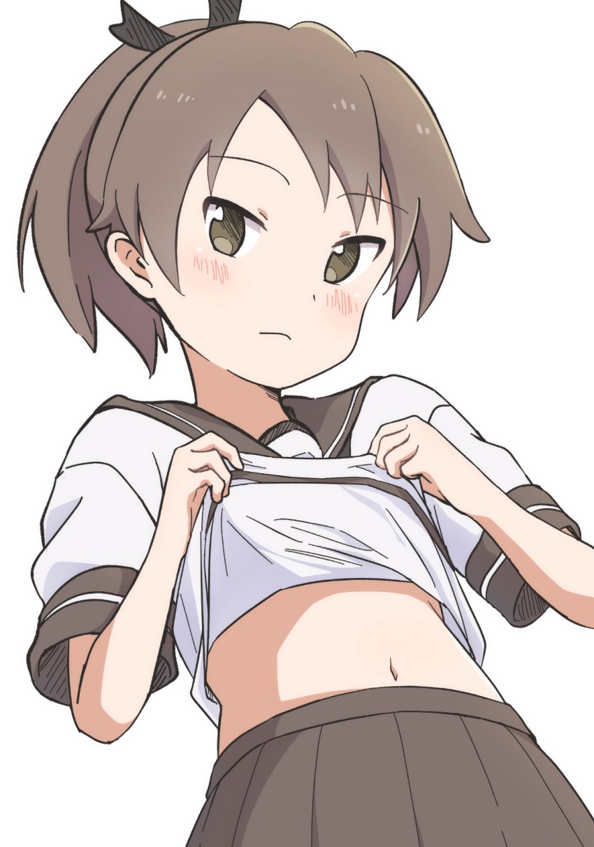 1girl, blush, brown_eyes, brown_hair, clothes_lift, female_focus, hair_ribbon, highres