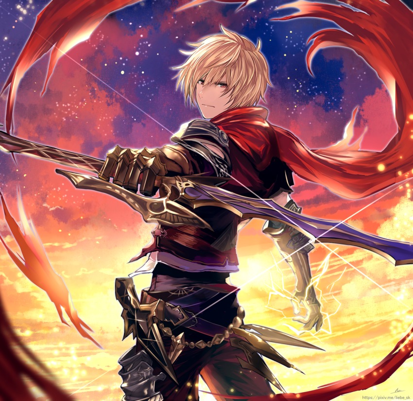 1boy, albert_(shingeki_no_bahamut), armor, blonde_hair, brown_eyes, cowboy_shot, from_behind, gauntlets