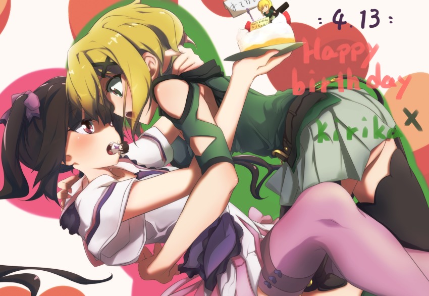 2girls, akatsuki_kirika, belt, black_hair, black_legwear, blonde_hair, blunt_bangs, blush