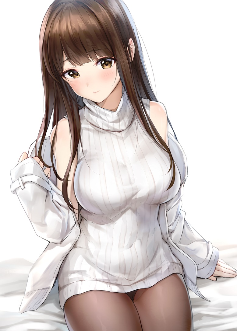 18-gou_(vtuber), 1girl, 3:, blush, breasts, brown_eyes, brown_hair, brown_pantyhose, closed_mouth, covered_navel, dress, female_focus, indie_virtual_youtuber, large_breasts, long_hair, long_sleeves, navel, off_shoulder, pantyhose, ribbed_sweater, sidelocks, simple_background, sitting, sleeves_past_wrists, solo, sweater, sweater_dress, sweater_vest, takeashiro, turtleneck, turtleneck_sweater, virtual_youtuber, white_sweater
