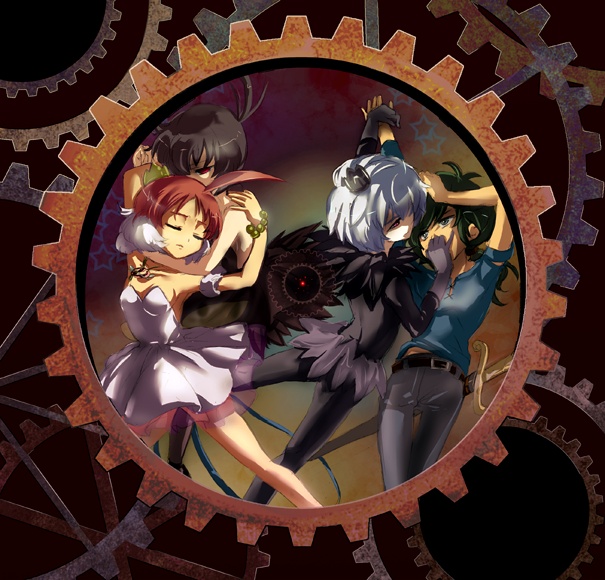 00s, 2boys, 2girls, ahiru_(princess_tutu), ahoge, alternate_costume, bad_id, bad_pixiv_id, ballerina, ballet, crow_prince_mytho, crown, dancing, eu_(pixiv1909), fakir_(princess_tutu), gears, hug, multiple_boys, multiple_girls, mytho_(princess_tutu), mythos, princess_kraehe, princess_tutu, princess_tutu_(character), rue_(princess_tutu), spoilers, sword, tutu, weapon