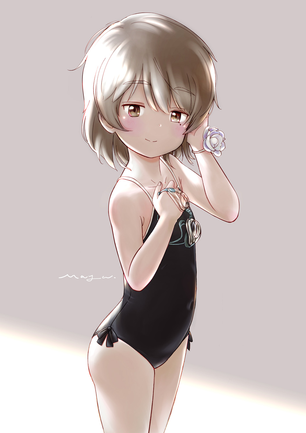 1girl, black_one-piece_swimsuit, blush, brown_eyes, commentary_request, competition_school_swimsuit, covered_navel, female_focus, goggles, hatoba_tsugu, highres, holding, holding_goggles, looking_at_viewer, mayafufu, mole, mole_under_eye, one-piece_swimsuit, school_swimsuit, simple_background, smile, solo, swimsuit, tsugu_(vtuber), unworn_goggles, virtual_youtuber, wrist_flower