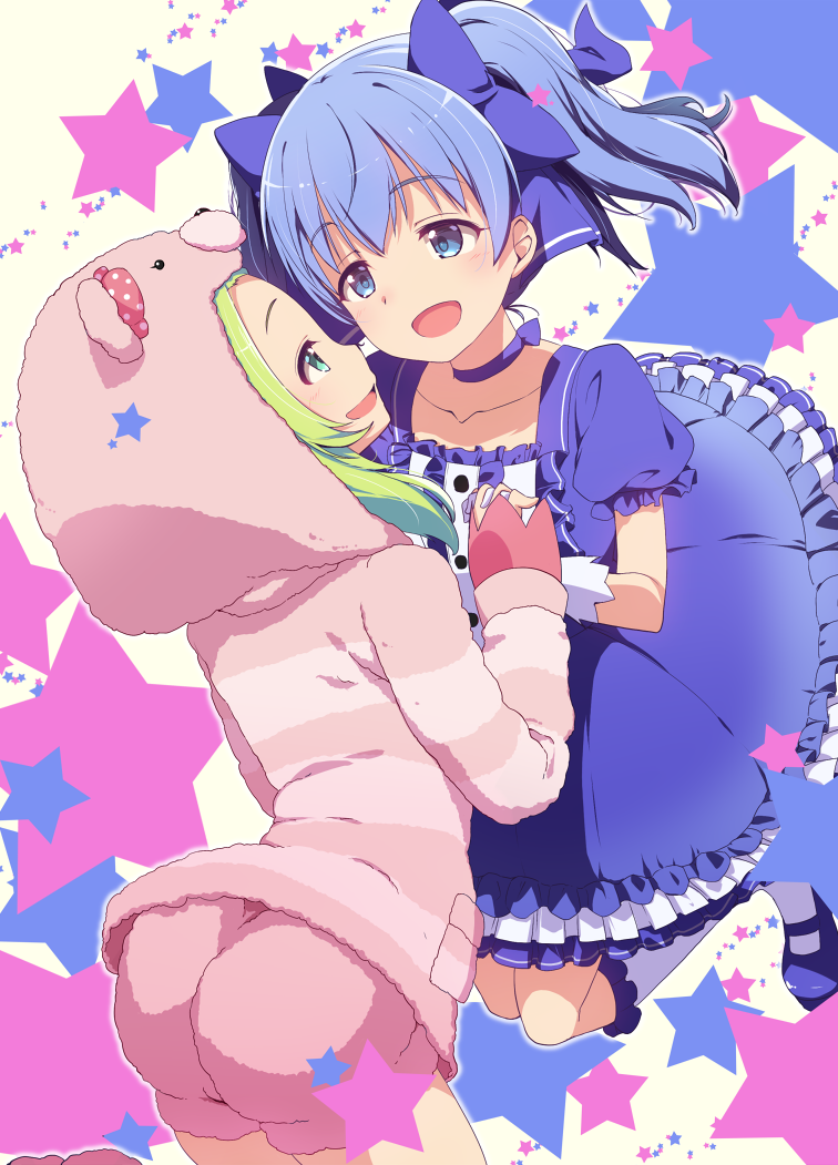 2girls, :d, blue_eyes, blue_hair, commentary_request, eye_contact, gloves, green_eyes