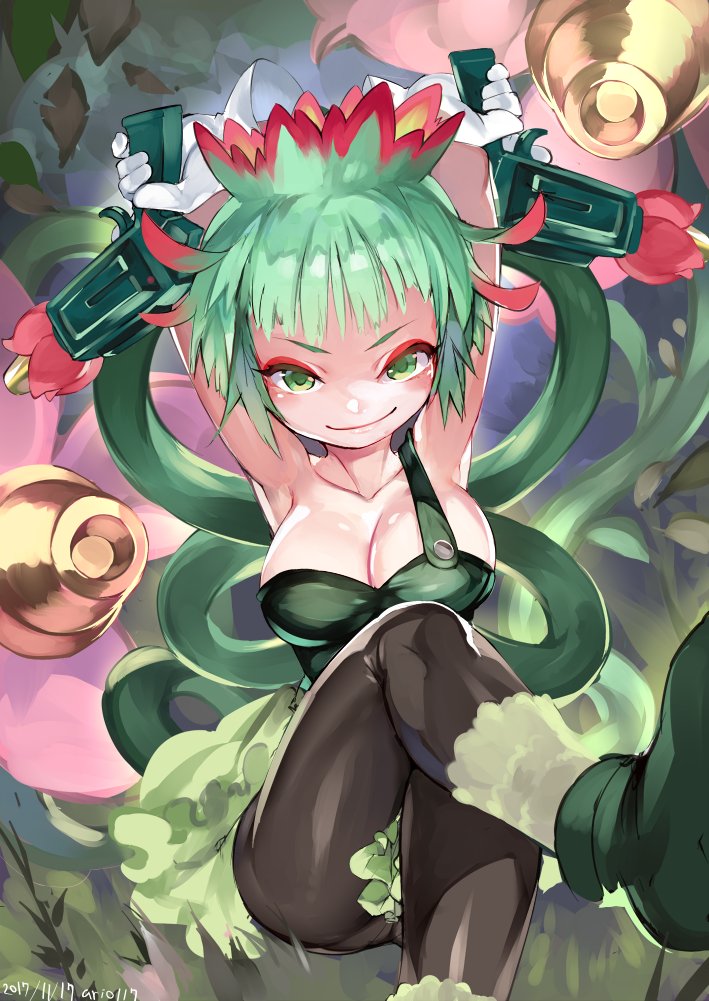 1girl, 2017, ankle_boots, ario, armpits, arms_up, artist_name, bare_shoulders, black_pantyhose, blush, boots, breasts, buttons, cleavage, closed_mouth, collarbone, dated, eyeshadow, facing_viewer, female_focus, flower, gloves, green_boots, green_eyes, green_hair, green_theme, gun, handgun, holding, holding_gun, holding_weapon, large_breasts, leaf, leg_up, looking_at_viewer, mahoujin_guruguru, makeup, monster_girl, multicolored_hair, pantyhose, pink_flower, planano, plant, plant_girl, red_hair, short_hair, single_strap, smile, solo, trigger_discipline, two-tone_hair, v-shaped_eyebrows, vines, weapon, white_gloves