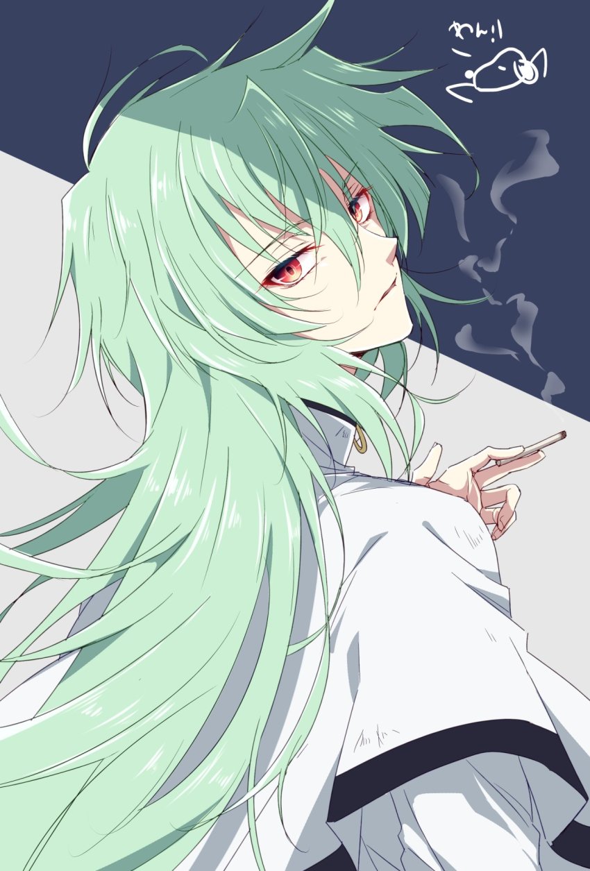 1boy, androgynous, bad_id, bad_twitter_id, between_fingers, cigarette, eteraito, expressionless, green_hair, hair_between_eyes, highres, holding, kannazuki_no_miko, long_hair, looking_at_viewer, male_focus, multiple_sleeves, red_eyes, simple_background, smoke, solo, tsubasa_(knm), very_long_hair