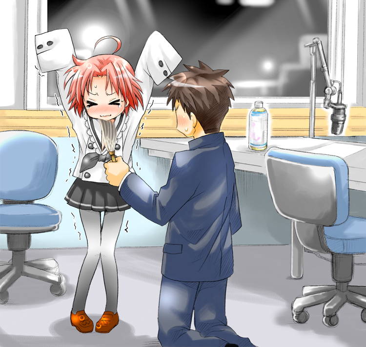 >_<, 00s, 1boy, 1girl, ahoge, blush, chair, closed_eyes