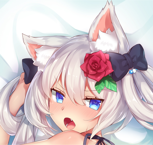 1girl, :o, animal_ears, azur_lane, bare_shoulders, black_bow, black_ribbon, blue_eyes