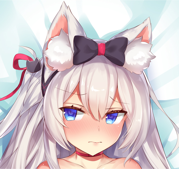 1girl, animal_ears, averting_eyes, azur_lane, bare_shoulders, bed_sheet, black_bow, blush