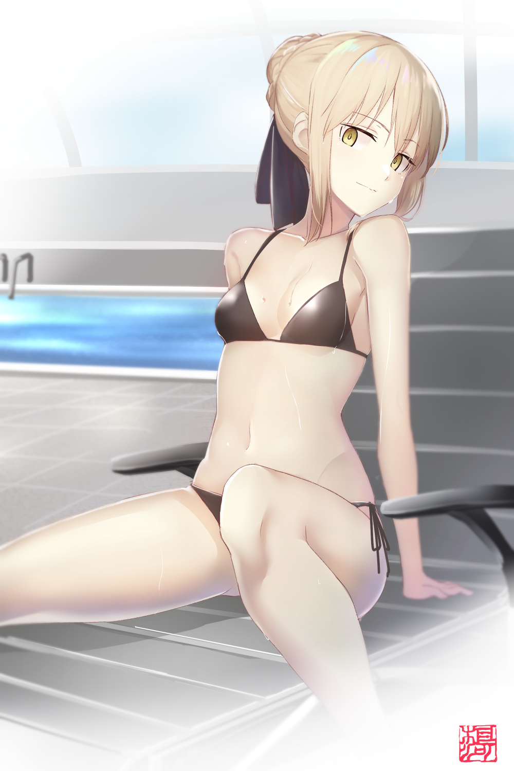 1girl, ahoge, artoria_pendragon_(fate), bikini, black_bikini, black_ribbon, blonde_hair, breasts