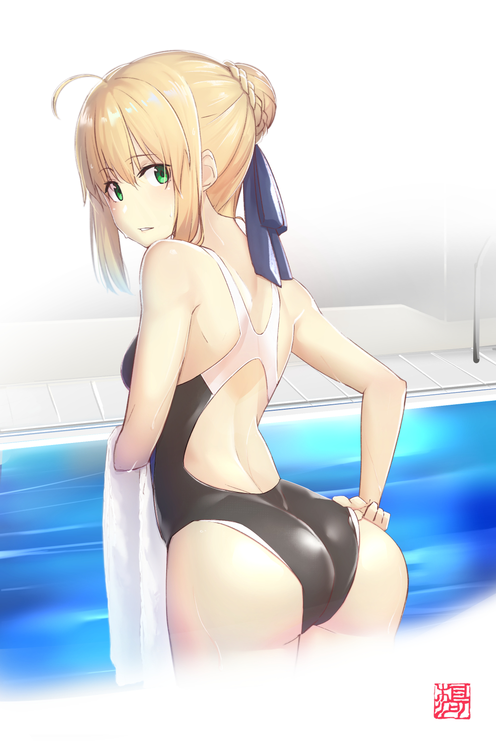 1girl, ahoge, artoria_pendragon_(fate), ass, blonde_hair, blue_ribbon, braid, braided_bun