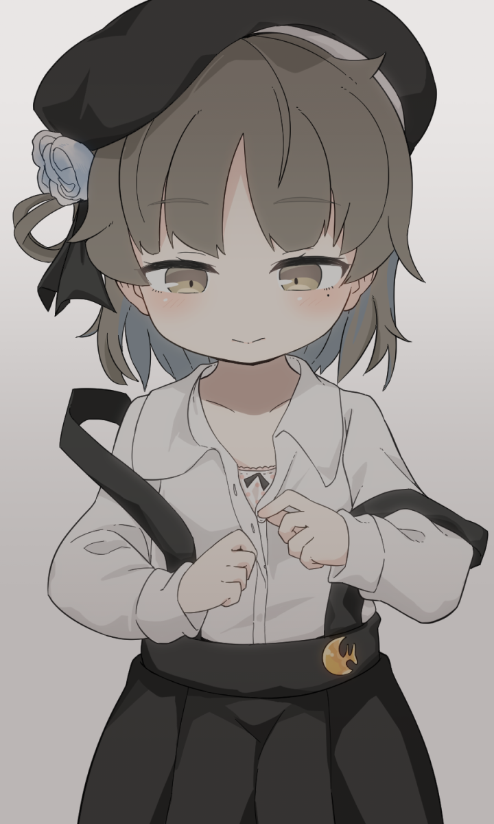 1girl, beret, black_hat, black_skirt, blouse, blush, bra, collared_shirt