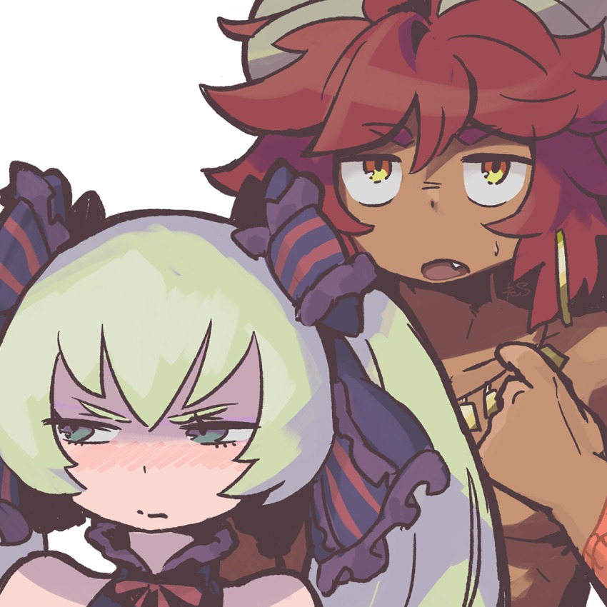 1boy, 1girl, blush, cestus_(sekaiju), cestus_1_(sekaiju), character_request, closed_mouth, commentary_request