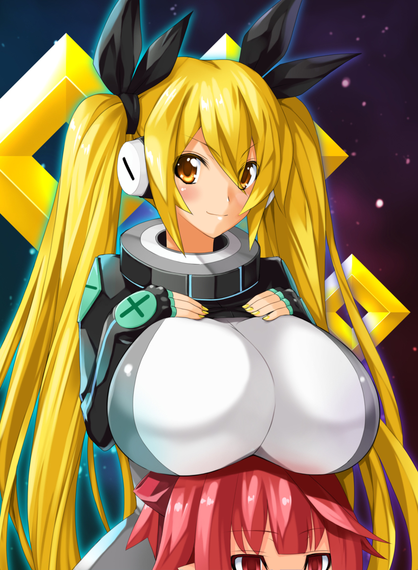 >:), 2girls, attouteki_yuugi_mugen_souls, blonde_hair, blush, bodysuit, bow, breast_rest