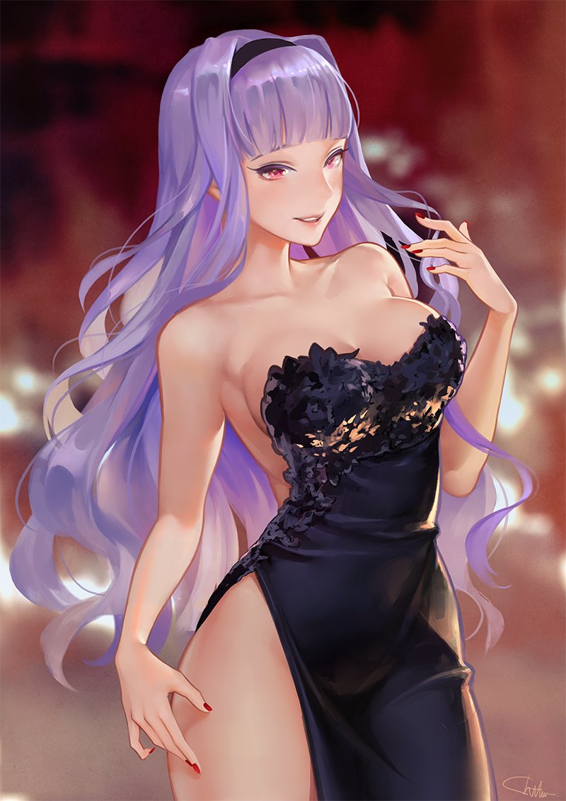 1girl, :d, alternate_costume, bare_shoulders, black_dress, black_hairband, blunt_bangs, blurry, blurry_background, breasts, chatalaw, cleavage, depth_of_field, dress, female_focus, formal_clothes, hair_intakes, hairband, hand_up, idolmaster, idolmaster_(classic), large_breasts, light_purple_hair, lips, long_hair, looking_at_viewer, nail_polish, open_mouth, pink_eyes, red_nails, round_teeth, shijou_takane, side_slit, smile, solo, standing, strapless, strapless_dress, teeth, upper_teeth_only, wavy_hair