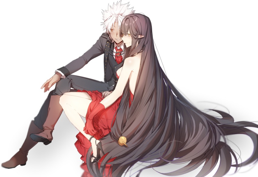 1boy, 1girl, amakusa_shirou_(apocrypha_epilogue)_(fate), amakusa_shirou_(fate), bad_id, bad_twitter_id, black_footwear, black_hair, boots, brown_footwear, dore_(gilles_dore), dress, fate/apocrypha, fate/grand_order, fate_(series), formal_clothes, gloves, hair_spread_out, high_heels, long_hair, long_sleeves, parted_bangs, pointy_ears, red_dress, red_gloves, semiramis_(apocrypha_epilogue)_(fate), semiramis_(fate), simple_background, sitting, smile, suit, very_long_hair, white_background, white_hair, yellow_eyes