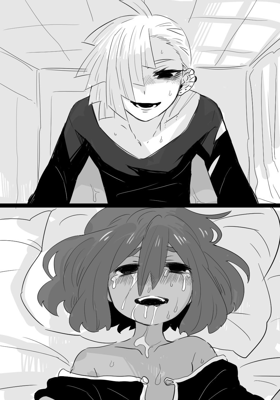 2boys, after_rape, amagaeru_(amapippi052525), blonde_hair, dark-skinned_male, dark_skin, drooling, gladion_(pokemon)