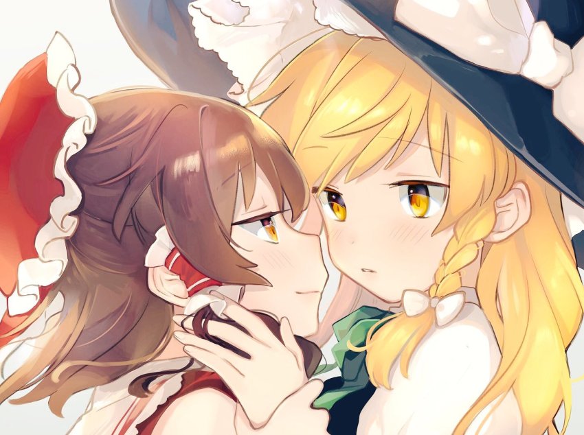 2girls, bad_id, bad_twitter_id, blonde_hair, blush, bow, braid, brown_eyes