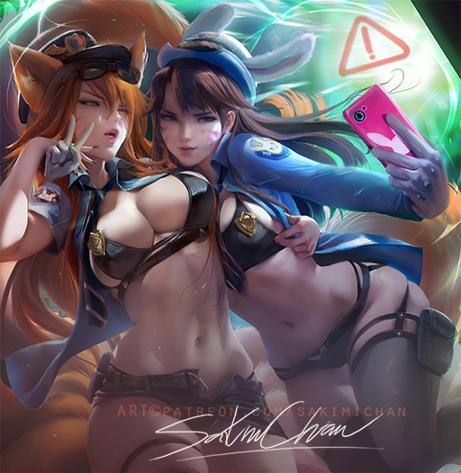 2girls, ahri_(league_of_legends), animal_ears, bikini, bikini_top_only, breast_press, breasts, cleavage