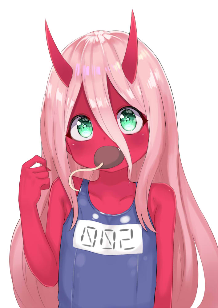 10s, 1girl, aged_down, atg_(wttoo0202), child, colored_skin, darling_in_the_franxx, female_focus, flat_chest, green_eyes, hair_between_eyes, horns, long_hair, looking_at_viewer, mouse_(animal), mouth_hold, name_tag, one-piece_swimsuit, pink_hair, red_skin, school_swimsuit, simple_background, solo, swimsuit, upper_body, white_background, zero_two_(darling_in_the_franxx), zero_two_(young)_(darling_in_the_franxx)