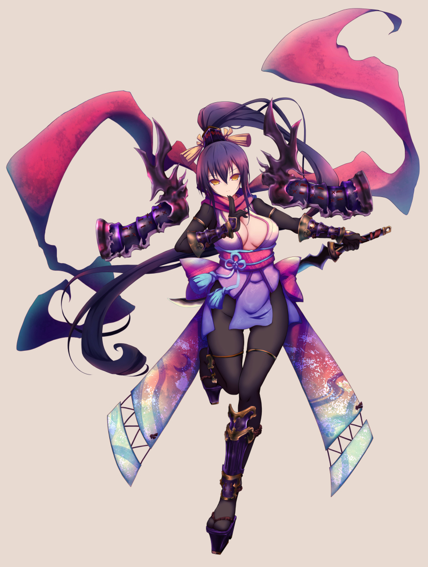 1girl, absurdres, akina_t, arm_guards, armor, black_gloves, black_pantyhose, blue_ribbon