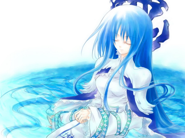 1girl, allen_(artist), bad_id, bad_pixiv_id, blue_cape, blue_hair, breasts, cape