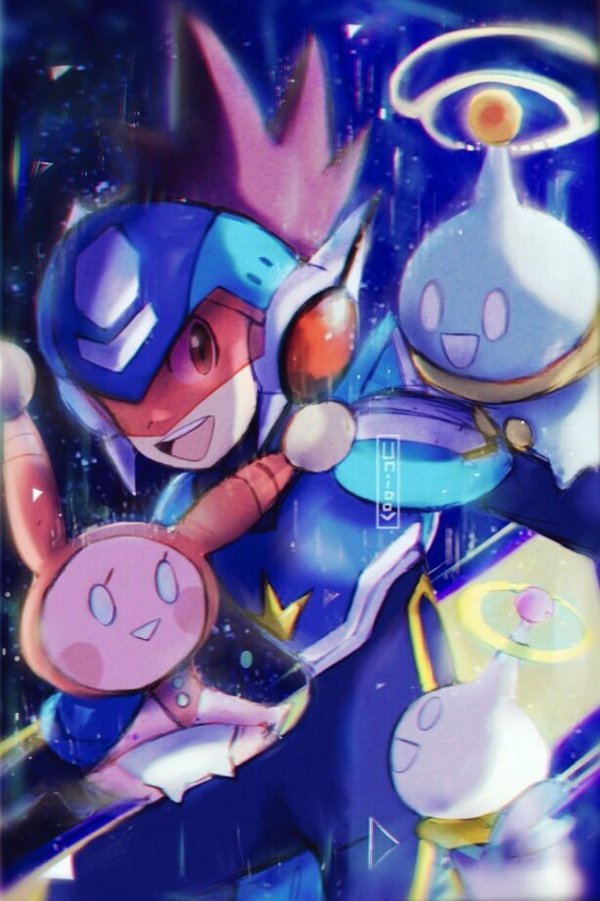 1boy, bodysuit, brown_eyes, capcom, geo_stelar_(mega_man), happy, helmet, hertz_(mega_man)