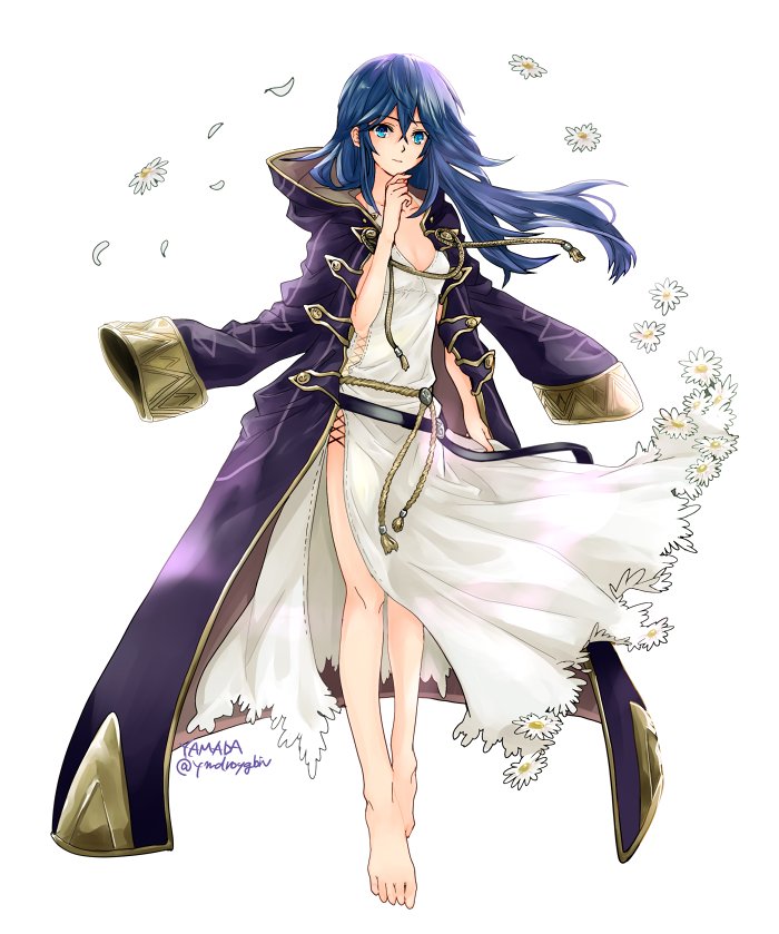 1girl, barefoot, blue_eyes, blue_hair, blush, cape, dress, feet, female_focus, fire_emblem, fire_emblem_awakening, full_body, long_hair, looking_at_viewer, lucina_(fire_emblem), lucina_(valentine)_(fire_emblem), male_robin_(fire_emblem), nintendo, smile, solo, tiara, white_dress, yamada_(ymdroygbiv)