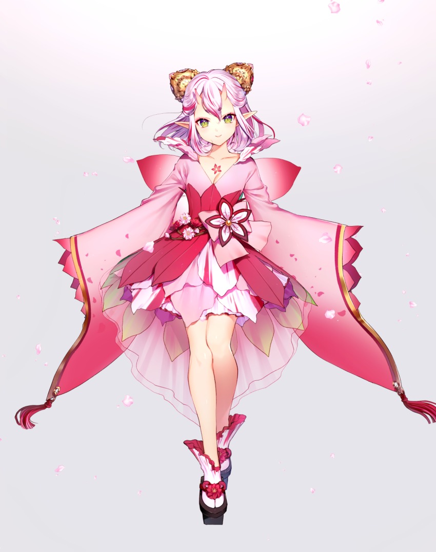 1girl, black_footwear, blush, breasts, cleavage, closed_mouth, collarbone, commentary_request, dress, female_focus, flower, full_body, gradient_background, green_eyes, grey_background, hair_between_eyes, hair_ornament, highres, horns, long_sleeves, momo_(onmyoji), momoshiki_tsubaki, multicolored_hair, oni, oni_horns, onmyoji, petals, pink_dress, pink_flower, pointy_ears, red_hair, short_eyebrows, silver_hair, sleeves_past_fingers, sleeves_past_wrists, small_breasts, smile, socks, solo, streaked_hair, thick_eyebrows, white_background, white_socks, wide_sleeves