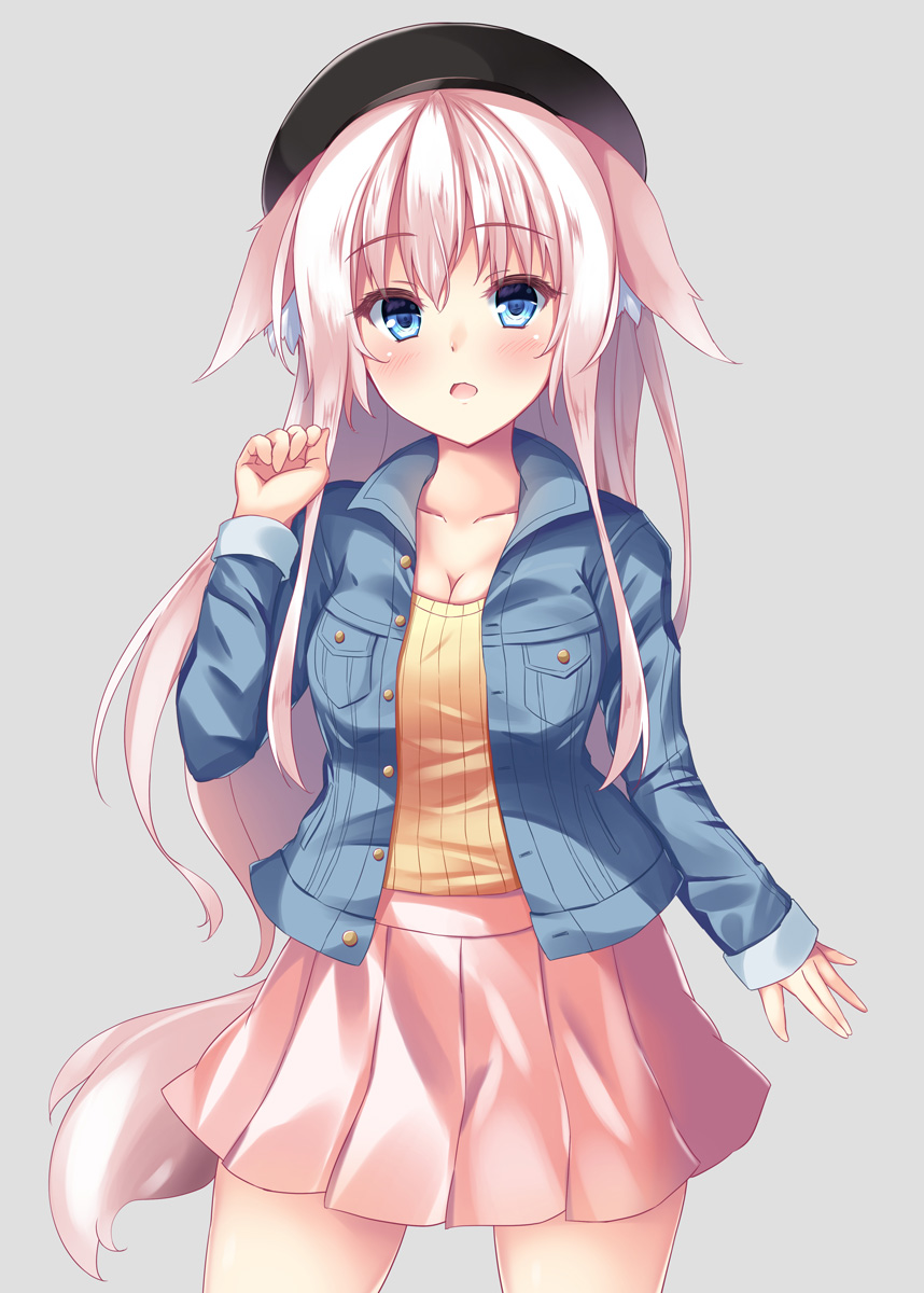 1girl, animal_ears, blue_eyes, blue_jacket, blush, breasts, cleavage, collarbone