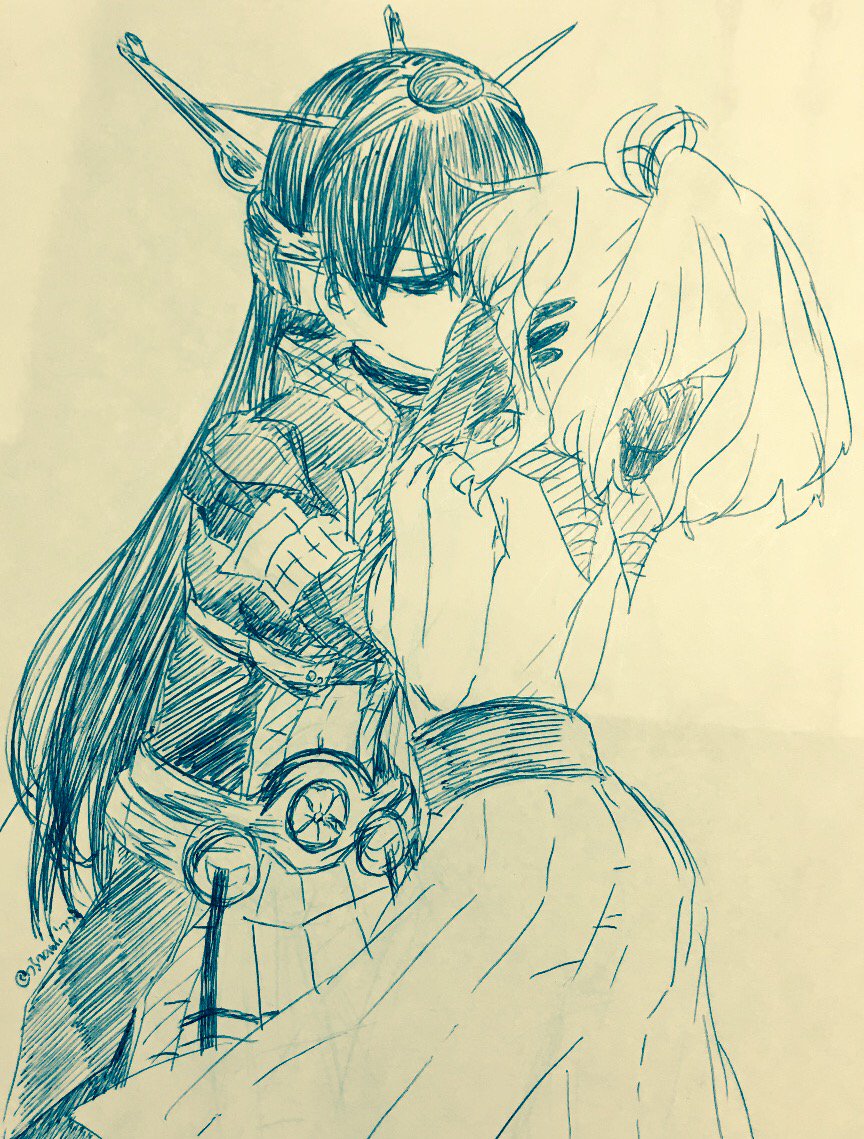 2girls, belt, bodysuit, coat, commentary_request, cowboy_shot, dress, gloves, hands_on_another's_cheeks, hands_on_another's_face, headgear, implied_sex, kantai_collection, long_hair, monochrome, multiple_girls, nagato_(kancolle), nami_nami_(belphegor-5812), neckerchief, pleated_skirt, ponytail, remodel_(kantai_collection), saratoga_(kancolle), side_ponytail, skirt, traditional_media, twitter_username, yuri