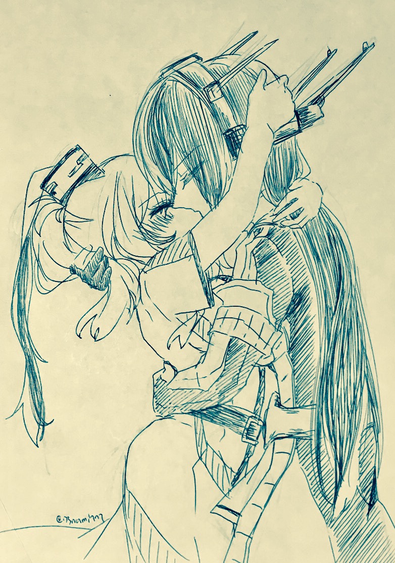 2girls, belt, blush, bodysuit, buttons, closed_eyes, coat, cowboy_shot, dress, hair_between_eyes, hair_ornament, head_hug, headgear, high_side_ponytail, hug, kantai_collection, kiss, long_hair, monochrome, multiple_girls, nagato_(kancolle), nami_nami_(belphegor-5812), remodel_(kantai_collection), rigging, saratoga_(kancolle), short_sleeves, side_ponytail, smokestack, traditional_media, twitter_username, yuri