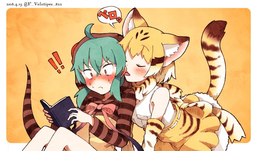 !, !!, 10s, 2girls, animal_ears, back_bow, bad_id, bad_twitter_id