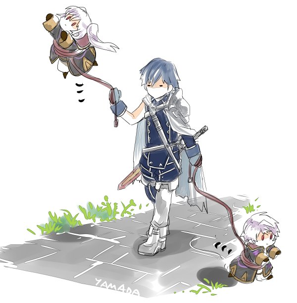 1girl, 2boys, blue_hair, cape, chrom_(fire_emblem), female_robin_(fire_emblem), female_robin_(grima)_(fire_emblem), fire_emblem