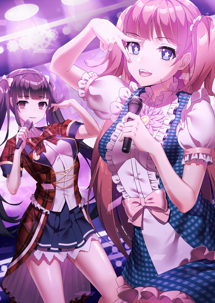 2girls, black_hair, blue_dress, blue_eyes, blue_skirt, blunt_bangs, bow, brown_eyes