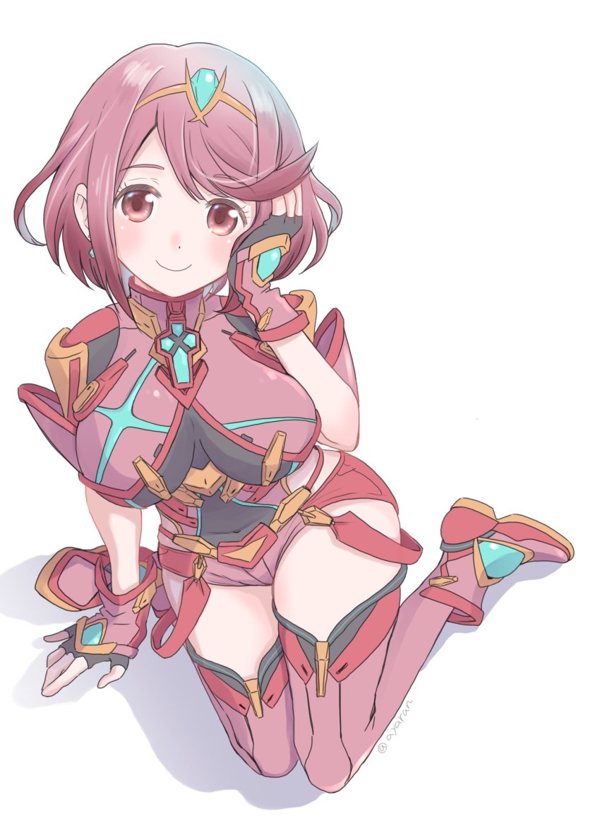 1girl, armor, ayaran, covered_navel, earrings, female_focus, fingerless_gloves, gloves, highres, jewelry, looking_at_viewer, nintendo, pyra_(xenoblade), red_hair, red_shorts, short_hair, shorts, shoulder_armor, sidelocks, smile, solo, swept_bangs, tiara, xenoblade_chronicles_(series), xenoblade_chronicles_2