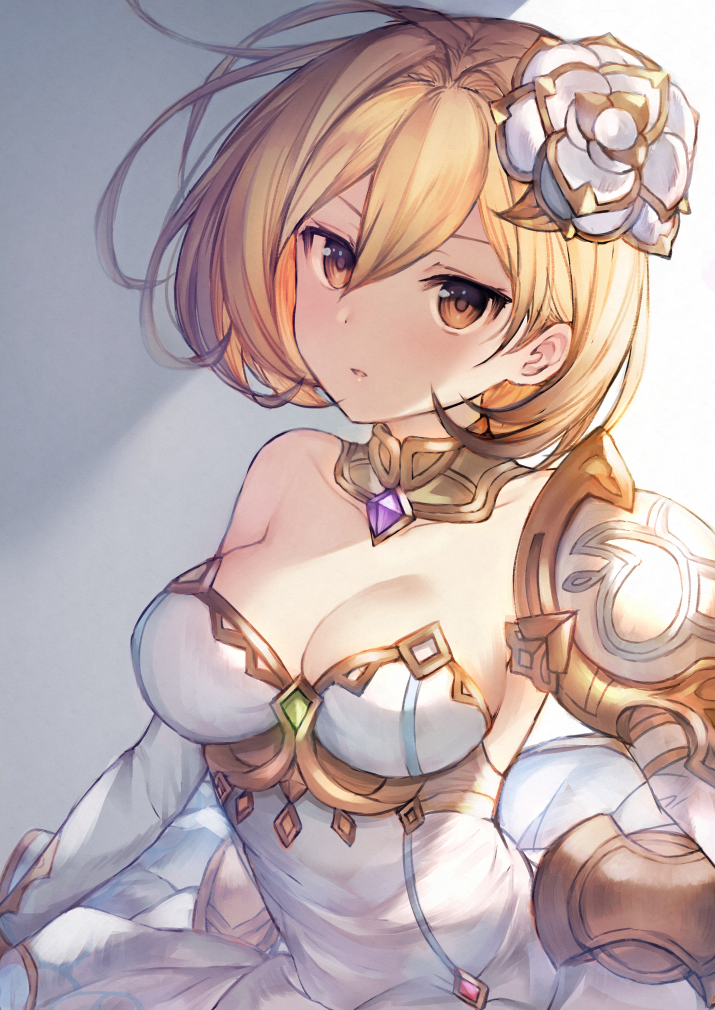 1girl, bare_shoulders, blonde_hair, breasts, brown_eyes, cleavage, collarbone, detached_collar