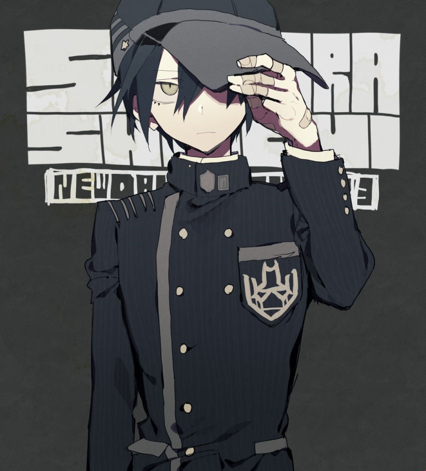 1boy, bandaid, bandaid_on_hand, black_hair, black_hat, black_jacket, black_outerwear, buttons