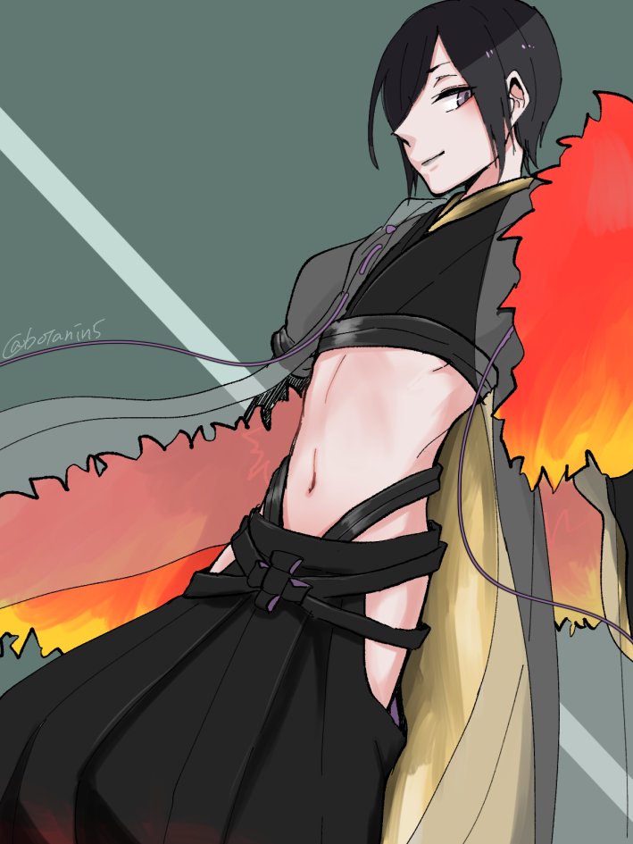 10s, 1boy, bota_(tsuboyan), cosplay, crop_top, feather_boa, hakama, hakama_skirt