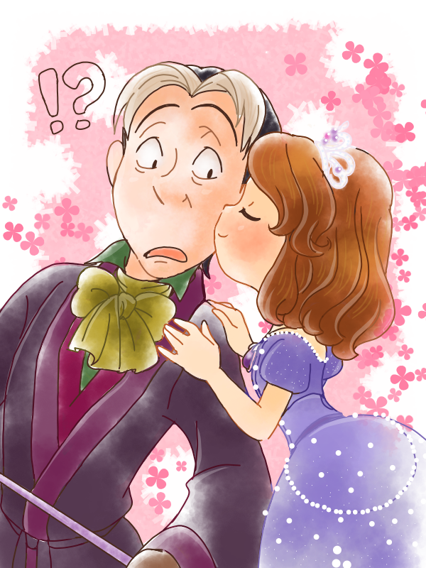 1boy, 1girl, age_difference, black_hair, blush, brown_hair, cedric_(disney), cheek-to-cheek, disney, dress, heads_together, nuzzle, smile, sofia_(disney), sofia_the_first, surprised, tiara, wand, white_hair