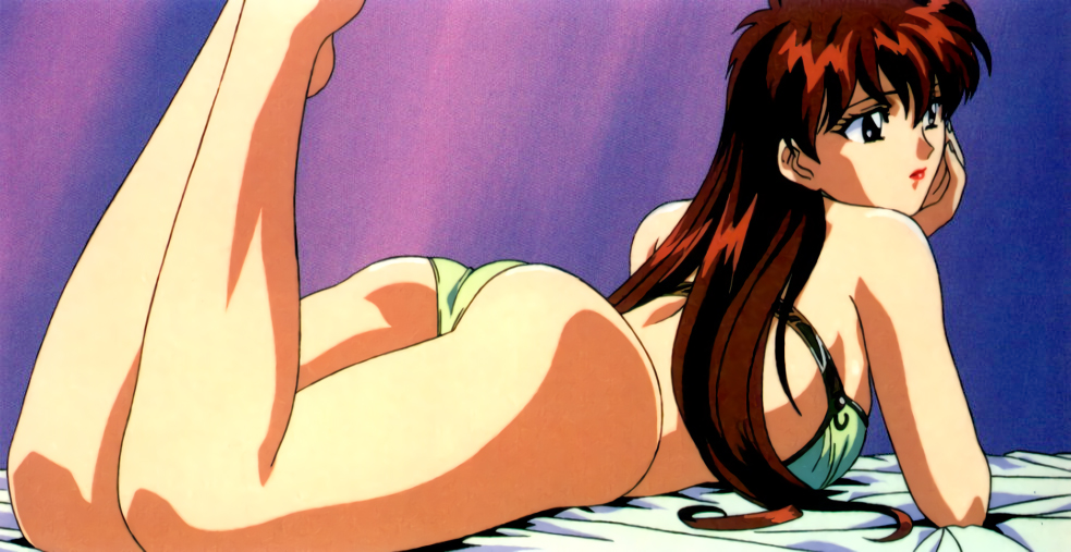 1990s_(style), 1girl, ass, barefoot, bed_sheet, bikini, female_focus, green_bikini, hand_on_own_face, head_rest, juliana_(megami_paradise), lipstick, long_hair, lying, makeup, megami_paradise, non-web_source, official_art, on_stomach, purple_background, red_hair, red_lips, retro_artstyle, solo, swimsuit, the_pose, thighs, yoshizane_akihiro