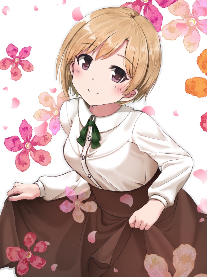 1girl, aiba_yumi, black_skirt, blonde_hair, blush, brown_eyes, dress_shirt, eri_(erikaida)