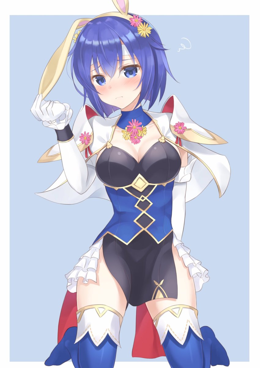 1girl, animal_ears, aone_hiiro, blue_eyes, blue_hair, blush, boots, breasts