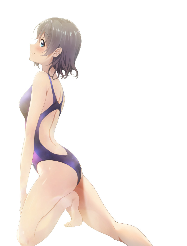 1girl, ass, blue_eyes, blue_one-piece_swimsuit, competition_swimsuit, cowboy_shot, female_focus, grey_hair
