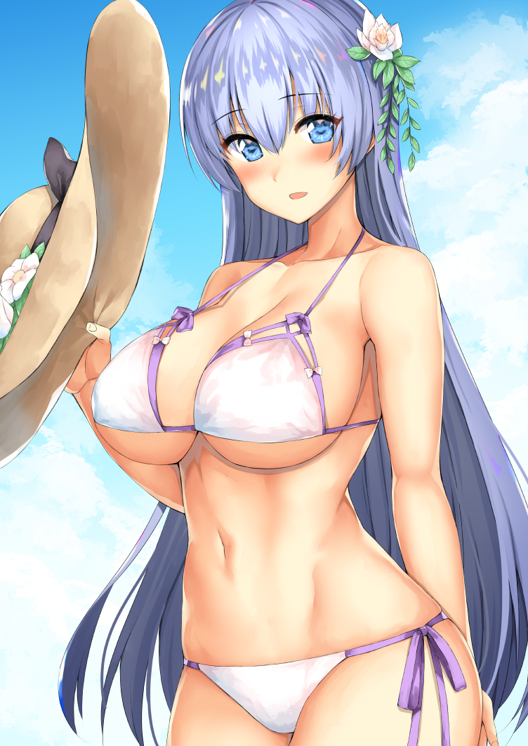 1girl, :d, azur_lane, b-ginga, bikini, blue_eyes, blue_hair, blue_sky