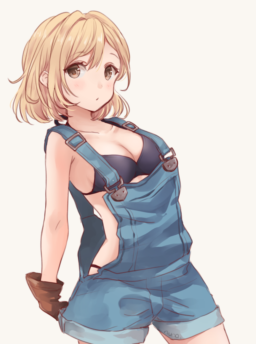 1girl, bare_shoulders, bikini, black_bikini, blonde_hair, breasts, brown_eyes, brown_gloves